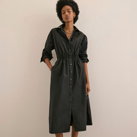 Everlane The Supima Cotton Midi Drawstring Waist Shirt Dress In Black Size S EUC - Picture 1 of 15